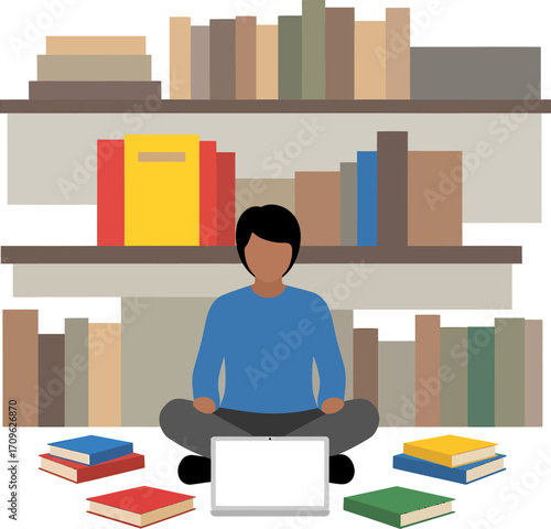 Engaged individual practicing self-study with a laptop and books, a vibrant flat illustration showcasing modern education and the pursuit of knowledge in a comfortable learning space