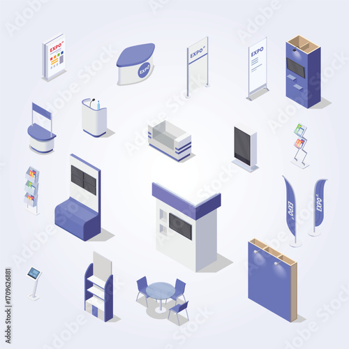 Isometric Exhibition Stand Booth Showcase and Display Event Equipment Set