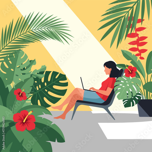 Flat illustration A woman enjoys the flexibility of remote work, productively using her laptop amidst a vibrant tropical plant setting, reflecting modern digital nomad life