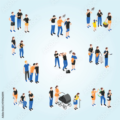 Isometric Flat Design Various People Characters Set in Different Situations