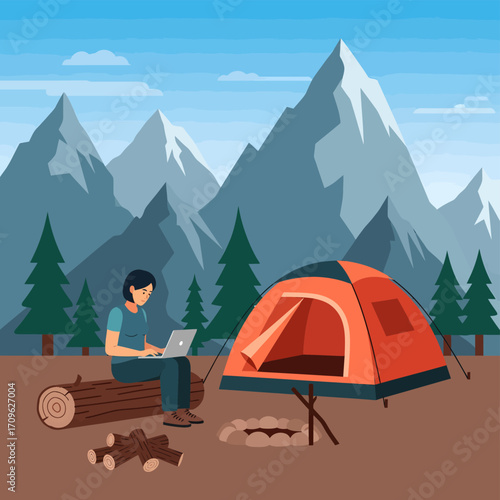 Flat design illustration of a person working remotely on a laptop at a mountain campsite, showcasing a modern freelance lifestyle