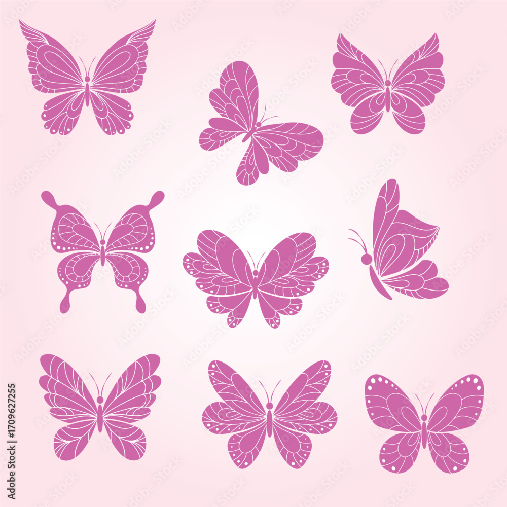 Fototapeta premium Cute Pink Silhouette Butterfly Various Shape Decorative Element Illustration