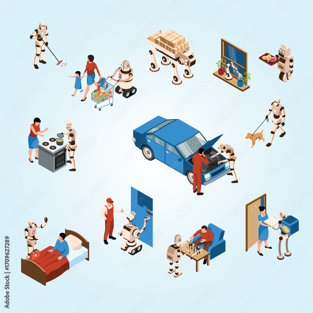 Fototapeta premium Isometric Robot Assistant Helping Human with Various Daily Activities Set