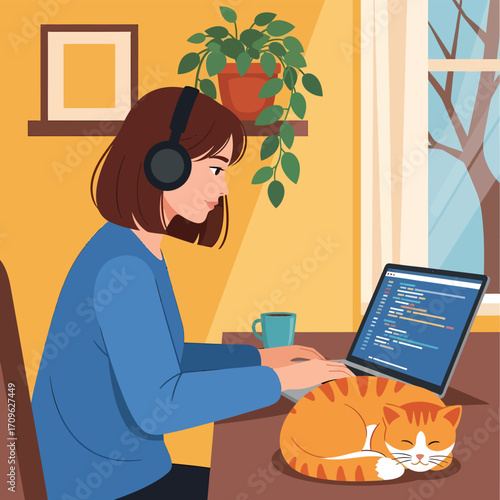 Focused Young Woman Working Remotely as a Software Developer from a Cozy Home Office, Coding on Laptop with Headphones, Accompanied by her Sleeping Cat Resting Peacefully on the Desk