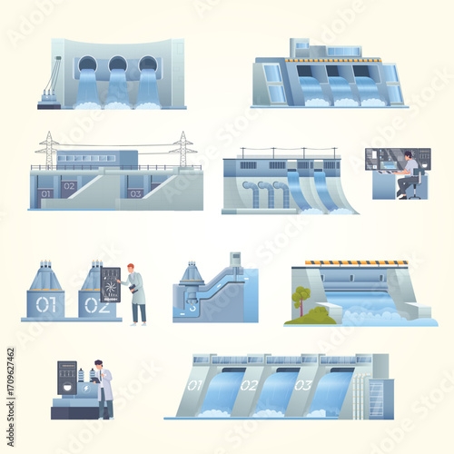 Modern Flat Illustration of Hydropower Dam and Energy Generation Plant