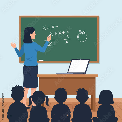 Teacher Explaining Math on Blackboard to Students in Classroom Illustration
