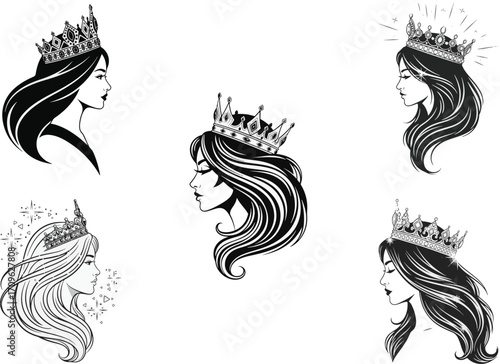 A set of five black and white profile illustrations of elegant women with long hair wearing royal crowns.