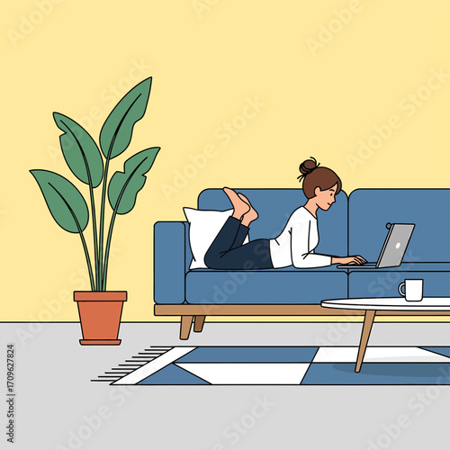 Cozy Productivity Woman Working on Laptop at Home in Flat Illustration Style