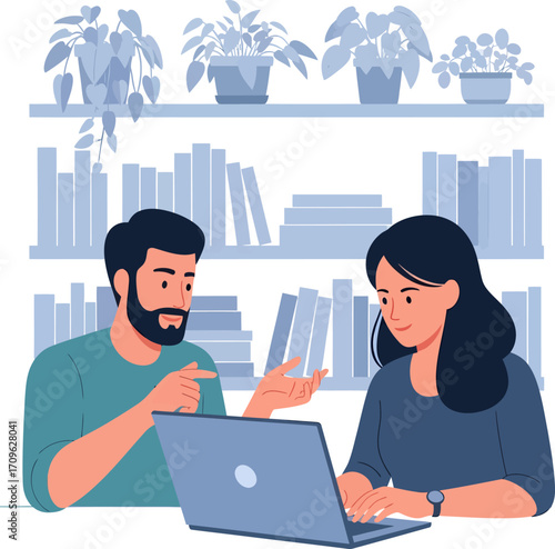 Professional colleagues collaborating on a business project with a laptop in a modern office, showcasing teamwork and focused discussion in a vibrant flat illustration