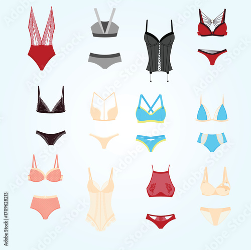 Flat Style Different Set of Woman Lingerie Isolated on White Background