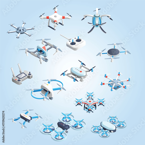 Isometric Detailed Drone Aircraft Remote Control Set Variety of Models
