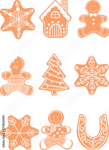 Vector set of Christmas gingerbread cookies: men, houses, trees, snowflakes, a horseshoe and a bitten cookie. Festive icing outlines for cards, packaging, web graphics, stickers and crafts
