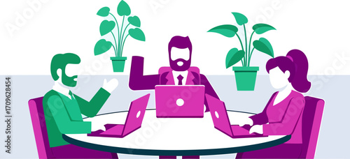 Modern flat design illustration showing a corporate team in a strategic meeting, working together on laptops in an office