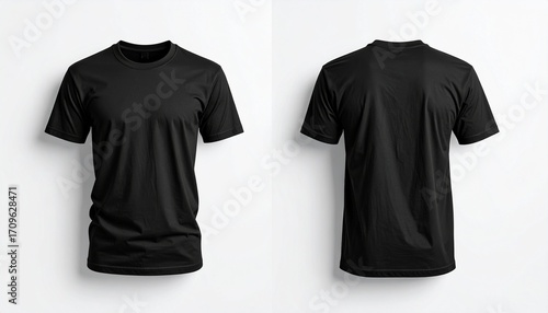 Black t shirt front and back view, isolated on white background. Ready for your mock up design template.