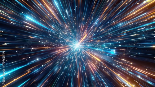Abstract hyperspace jump with blue and orange light streaks radiating from a central point