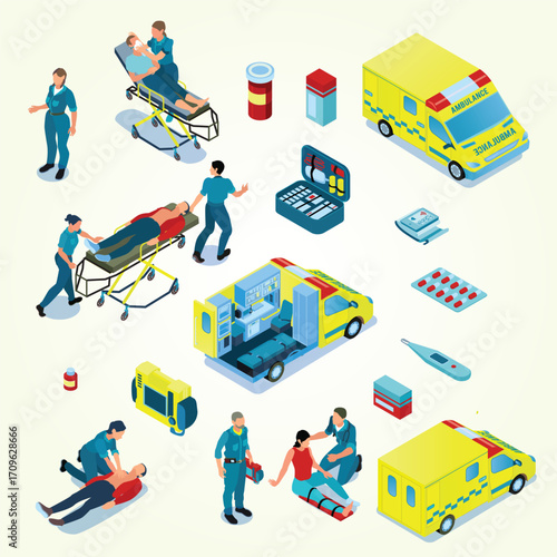 Isometric Detailed Ambulance Emergency Service Medical Aid Treatment Illustration