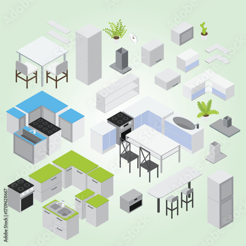 Isometric Flat Style Kitchen Furniture and Appliance Arrangement Set Illustration