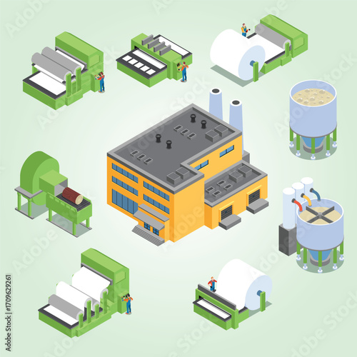 Isometric Detailed Paper Mill Production Process Factory Illustration