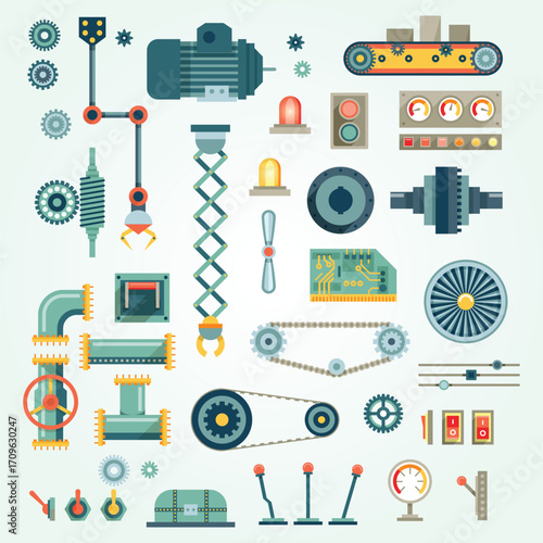 Flat Style Engineering Machine Element Industrial Part Mechanical Component Set