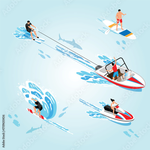 Isometric Summer Vacation Water Sport Activities with People and Sea Creatures