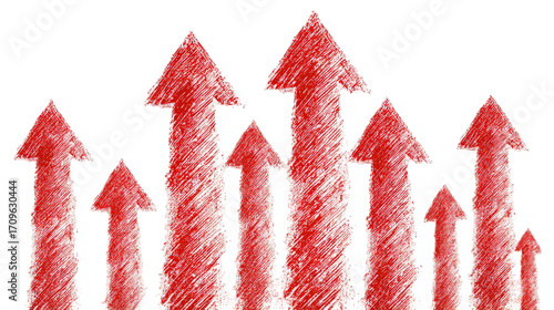 A dynamic arrangement of red arrows pointing upwards, symbolizing growth and progress, set against a plain background, ideal for illustrating concepts of success and advancement