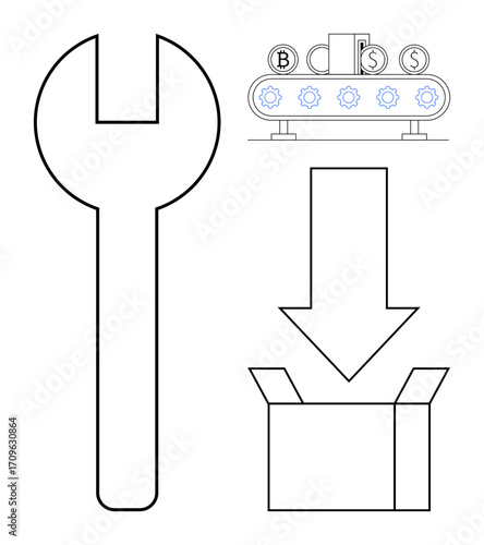 Wrench, downward arrow, open box, gear-filled conveyor belt with currency icons. Ideal for automation, workflow, fintech, packaging productivity integration optimization. Expresses simple flat