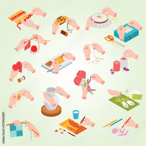 Isometric Hand Illustration Showing Different Types of Handicraft Activities Hobby