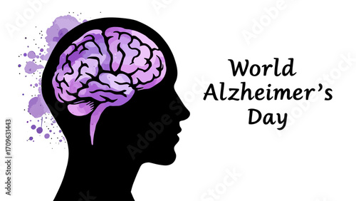 Flat vector design of a human brain with purple watercolor splash and bold text World Alzheimer’s Day. Perfect for awareness campaigns, posters, or educational visuals