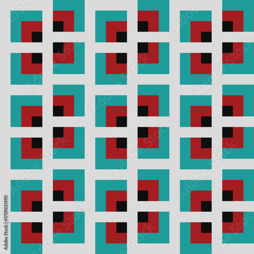 Pattern created from black, red and teal blue, squares on a pale grey background