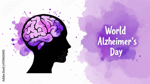 Flat vector design of a human brain with purple watercolor splash and bold text World Alzheimer’s Day. Perfect for awareness campaigns, posters, or educational visuals