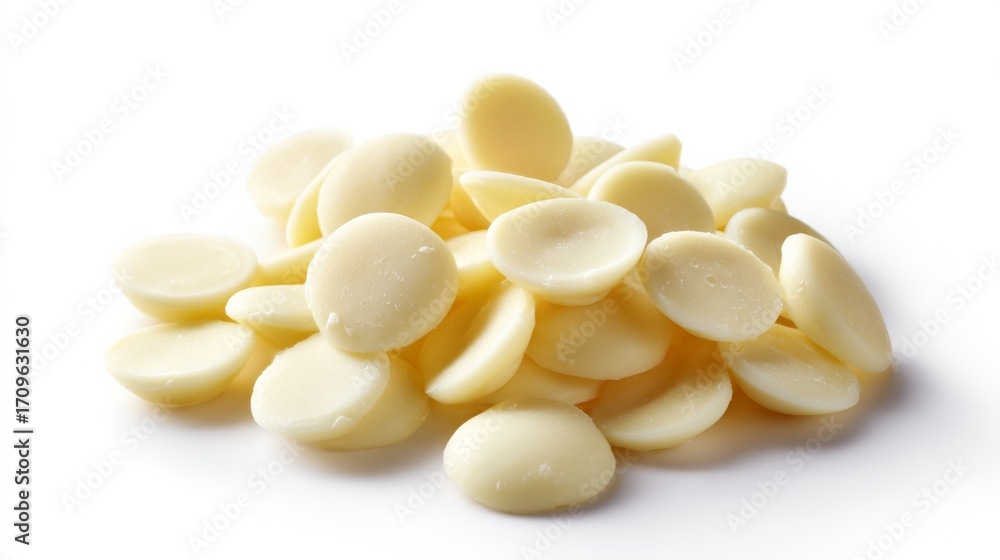 Fototapeta premium A pile of white chocolate wafers sits gracefully on a plain background. They have a smooth surface and rounded shape. Ideal for baking and decorating desserts. AI
