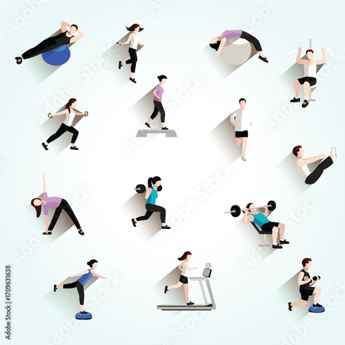 Flat Style Different Exercise Set of People Training in Gym Illustration
