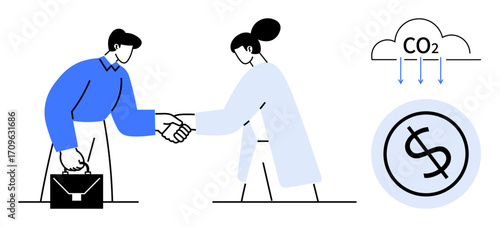 Two professionals shaking hands, briefcase, CO2 cloud, dollar sign. Ideal for sustainability, carbon offset, finance, partnerships, eco-trade corporate ethics simple flat metaphor