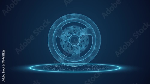 motorcycle tyre wheel in HUD scan effect motion animation on dark blue screen for tire detecting problem solution