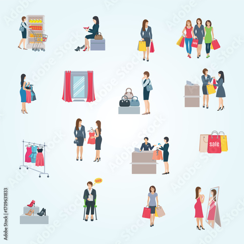 Flat Style Detailed Shopping Scene with Women and Retail Elements Illustration