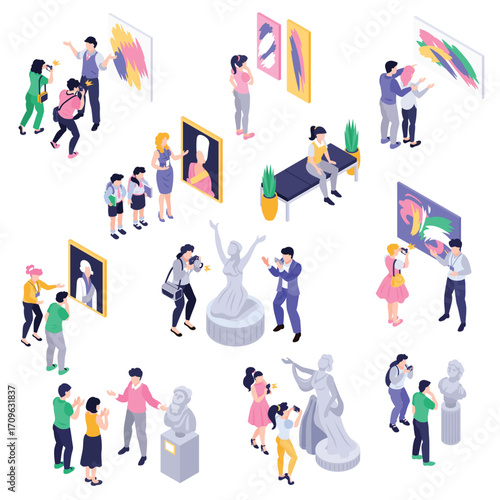 Isometric Perspective Art Gallery Exhibition with Visitor Looking at Artwork