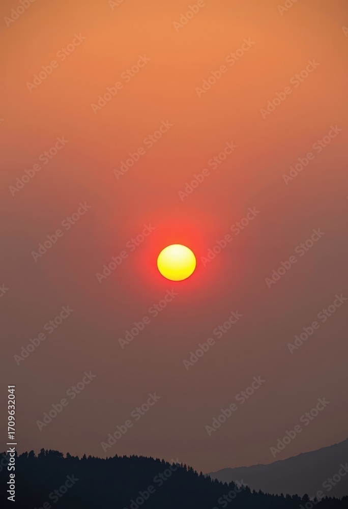 Fototapeta premium Orange sky, vibrant sun, hazy atmosphere; climate change, global warming, environmental damage, ecological crisis, impact, warning