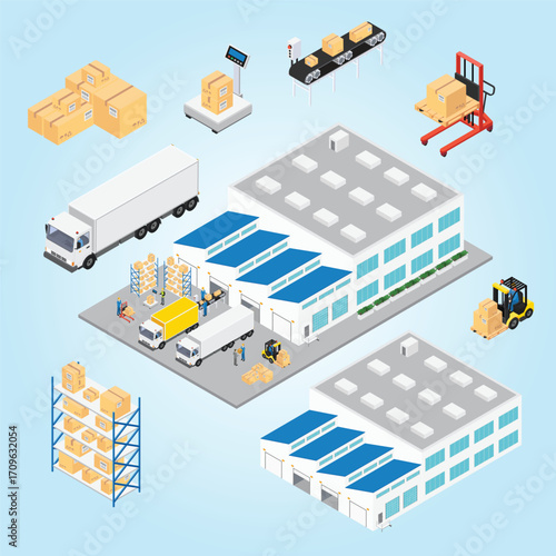 Isometric Logistics Industry Scene with Warehouse, Trucks, and Forklifts Illustration