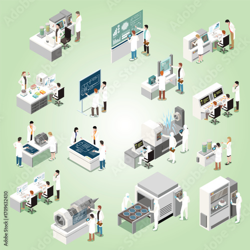 Isometric Detailed Illustration Scientist Experimentation in Advanced Research Laboratory Setting