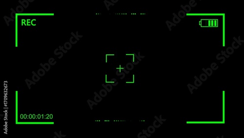 Green camera viewfinder overlay with R E C indicator battery level and timer recording