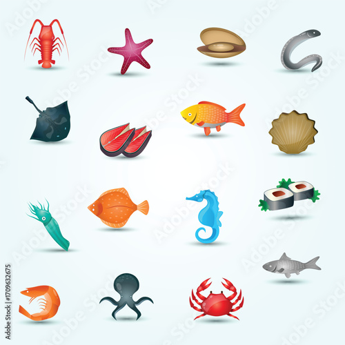 Cartoon Illustration Group of Diverse Aquatic Creatures and Seafood Elements