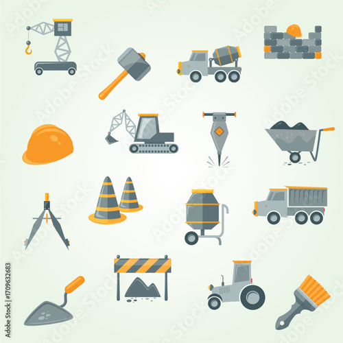 Flat Design Construction Equipment Icon Collection and Tool Set Illustration