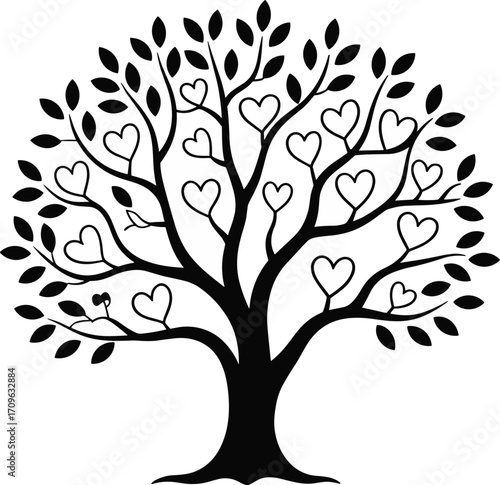 Black and white vector illustration of a love tree with both leaves and heart shapes, symbolizing love, family, and relationships growing together.