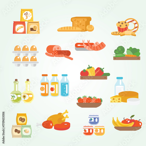 Flat Style Fresh Food Collection Icon Illustration For Grocery Design