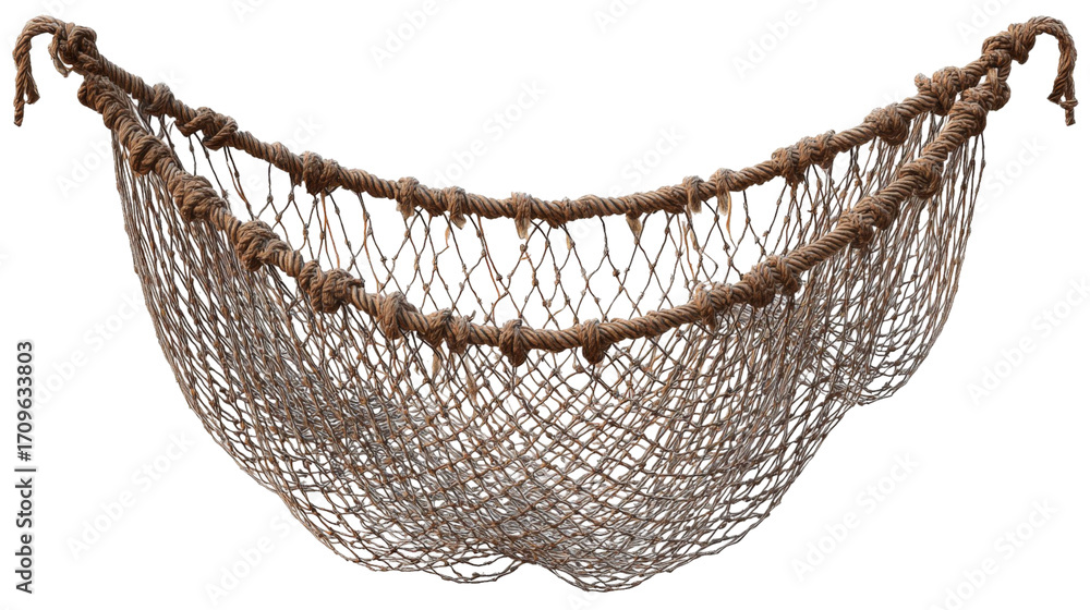 Obraz premium A traditional handmade fishing net crafted from natural fibers, displayed against a neutral background, highlighting its intricate design and craftsmanship, ideal for marine-themed decor