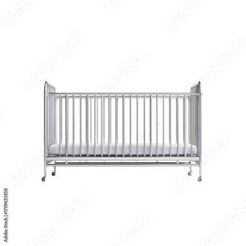 Wallpaper Mural Modern White Metal Baby Crib with Mattress on Wheels - Front View Torontodigital.ca