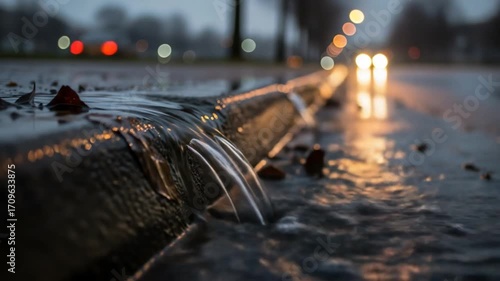 General Nature & Environment Water flowing over a pipe on a rainy street at dusk