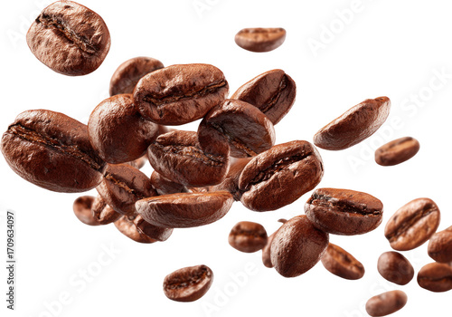 Roasted Coffee Beans: Aromatic delight, Rich color, Falling.