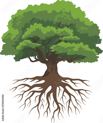 Vibrant vector illustration of a lush, green tree with a massive canopy and visible, deep roots, symbolizing strength, life, and nature.