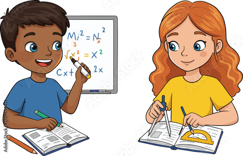 Happy Kids Learning Math with Geometry Tools and Equations, School Education Concept, Studying Mathematics in Classroom, Vector Illustration